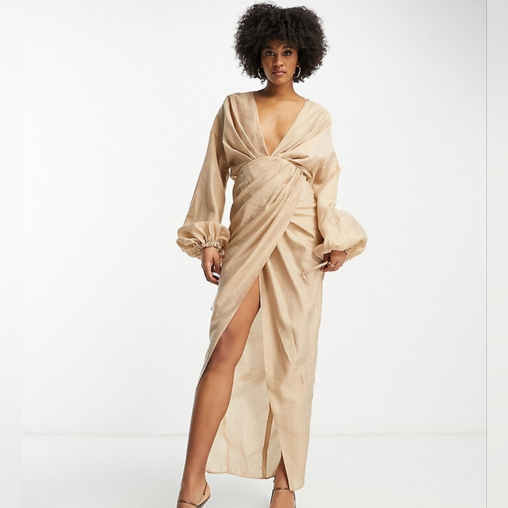 ASOS DESIGN  plunge midaxi dress with draping Wrap Maxi Dress Beige Size 16